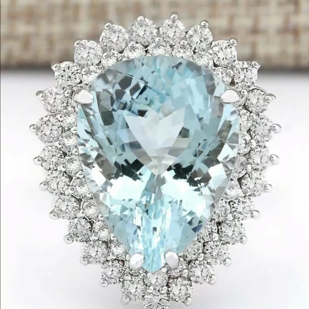 925 Silver White Sapphire Women Aquamarine Ring